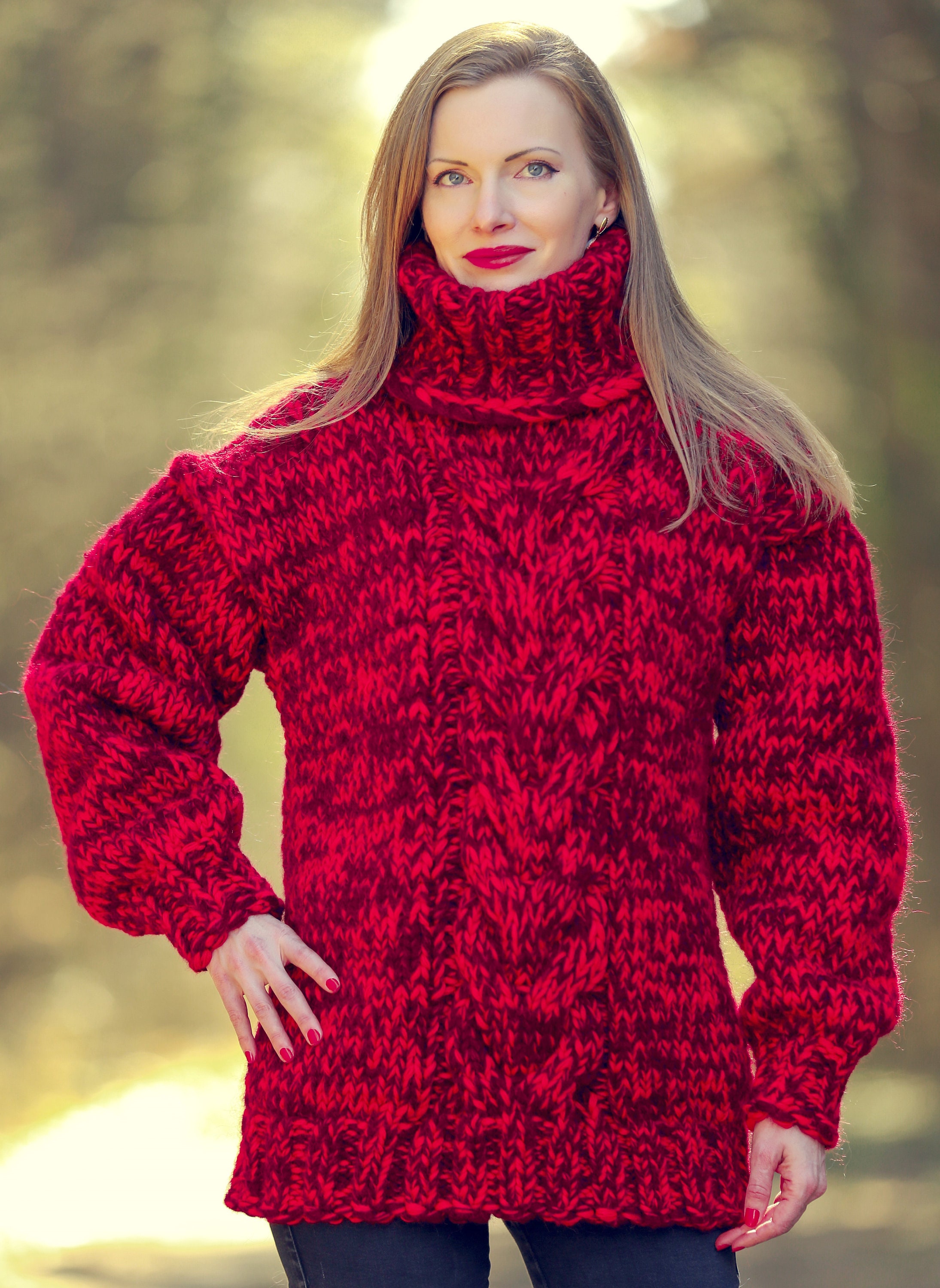 Thick Red Wool Sweater Hand Crafted Thick Turtleneck Pullover - Etsy