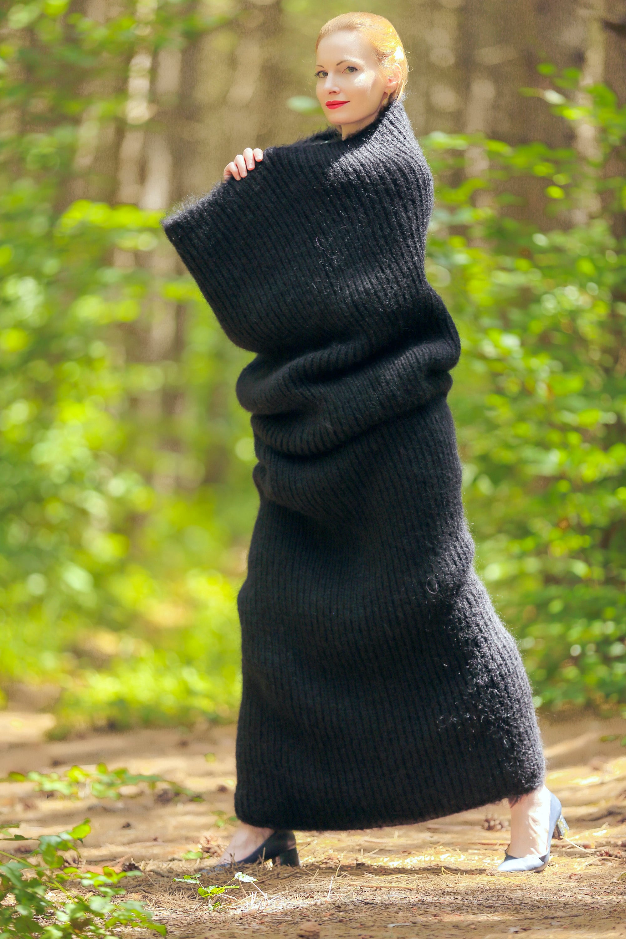 Black Mohair Scarf Dress Handmade Long Tube Infinity Scarf Wool