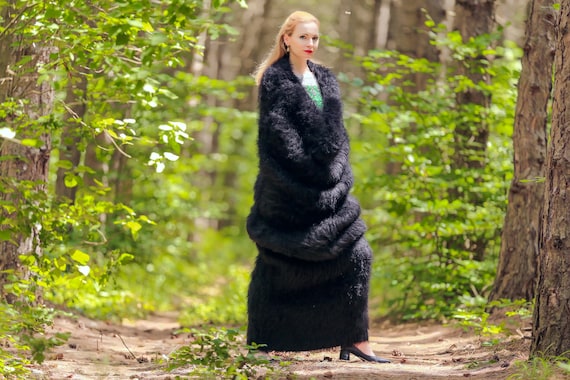 Black Mohair Scarf Dress Handmade Long Tube Infinity Scarf Wool