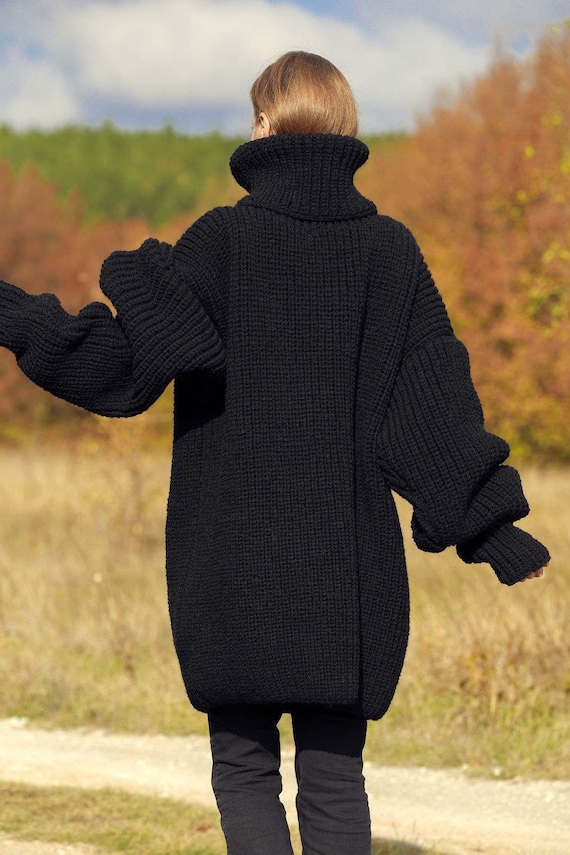 Black Thick Wool Sweater Ribbed Oversized Turtleneck Pullover by