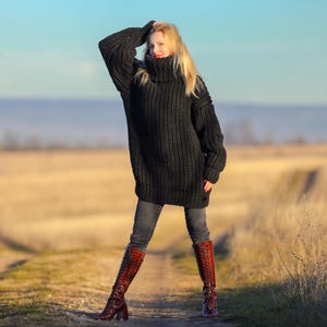 Handmade black wool sweater with ribbed pattern and extra long turtleneck warm pullover - ready to ship - XL-XXL size