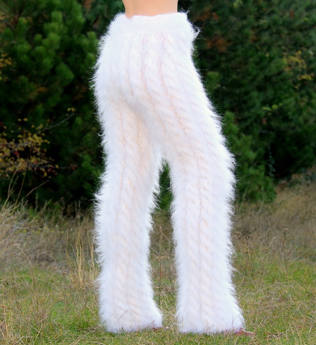Supertanya White Mohair Pants Cable Knit Trousers Hand Knitted Leg Warmers  READY TO SHIP, Size M 