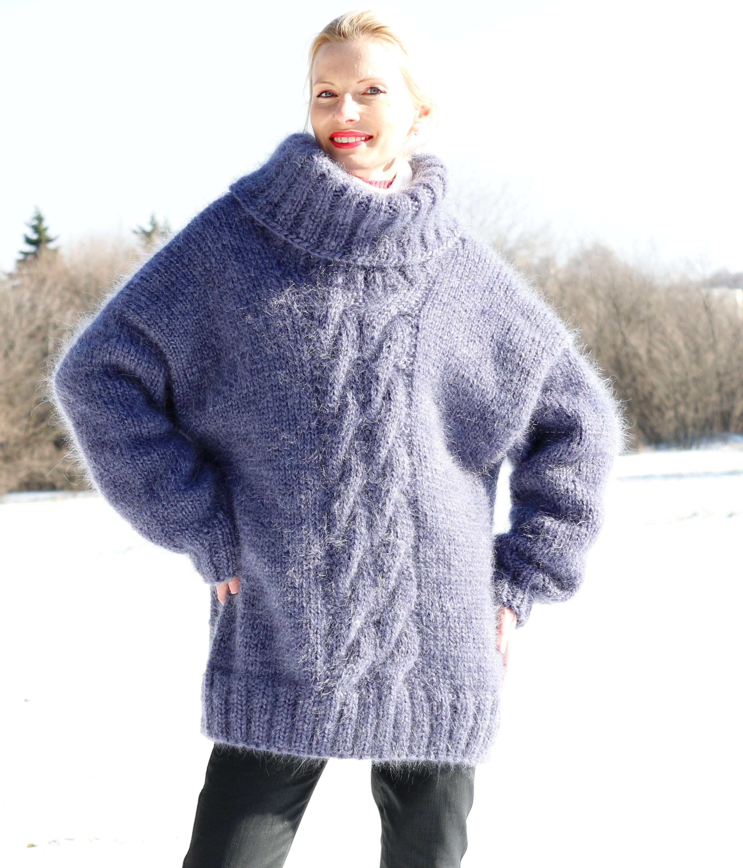 Cable Knit Blue Mohair Pullover Hand Knitted Fuzzy Thick Mohair