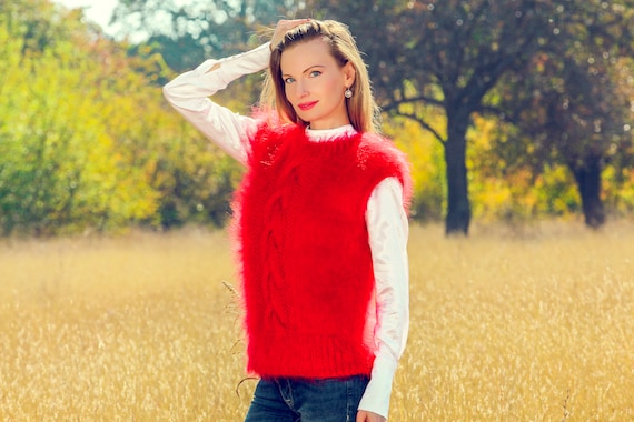 Supertanya Red Mohair Vest Sleeveless Fuzzy Mohair Sweater, Ready