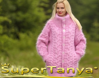 Fuzzy pink cable knit mohair jacket by SuperTanya