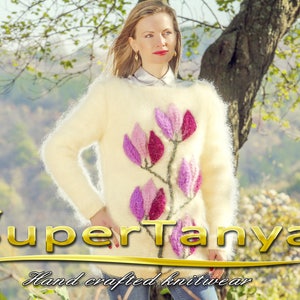 Unique luxury sweater authentic top in ivory mohair with embroidered flowers SuperTanya made to order image 2