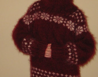 Norwegian mohair sweater in burgundy red and white - M size