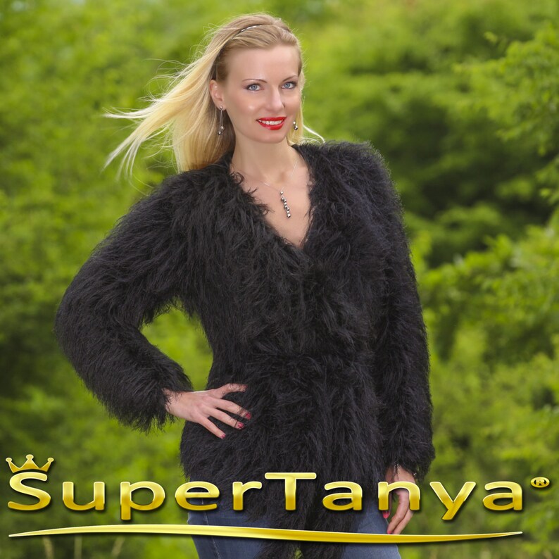 Fuzzy eyelash yarn wrap cardigan in black by SuperTanya