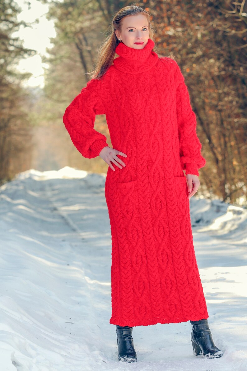 SUPERTANYA red wool dress long cable knit designer dress SuperTanya size M / L ready to ship image 2