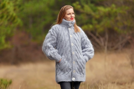 Supertanya Mohair Sweater Cardigan Thick Cable Knit Jacket - Etsy