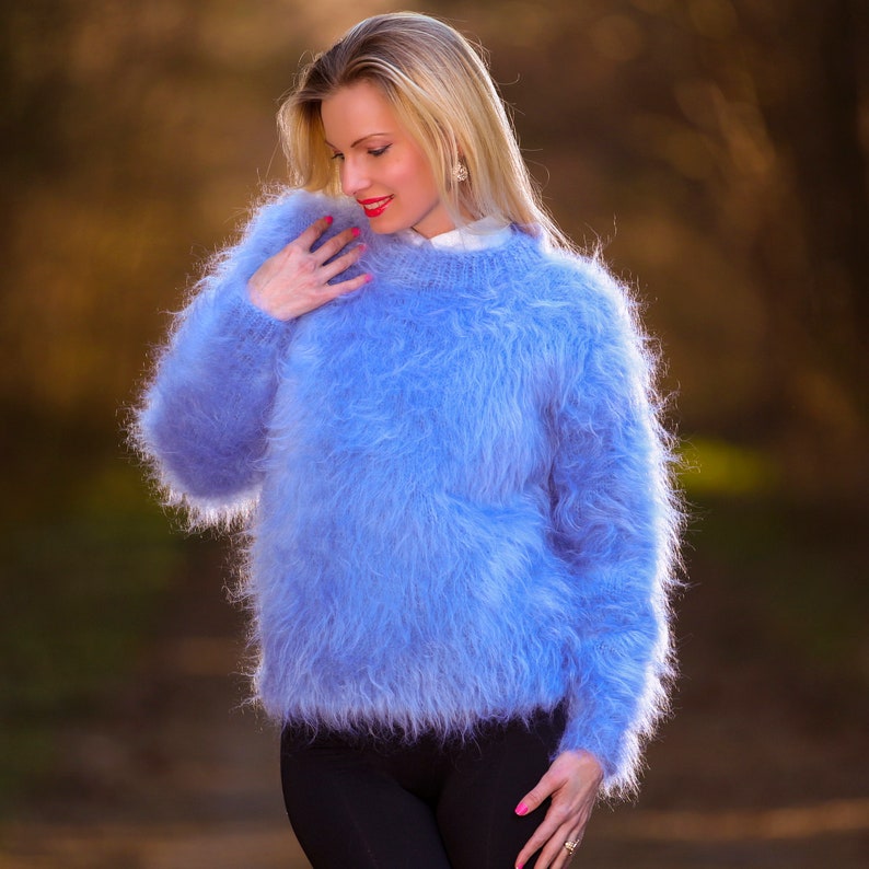 Elegant fuzzy mohair sweater hand knitted stylish jumper fluffy top by SuperTanya Light blue