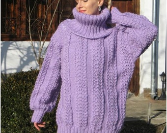 Purple wool sweater hand knitted lace pattern pullover turtleneck jumper by SuperTanya