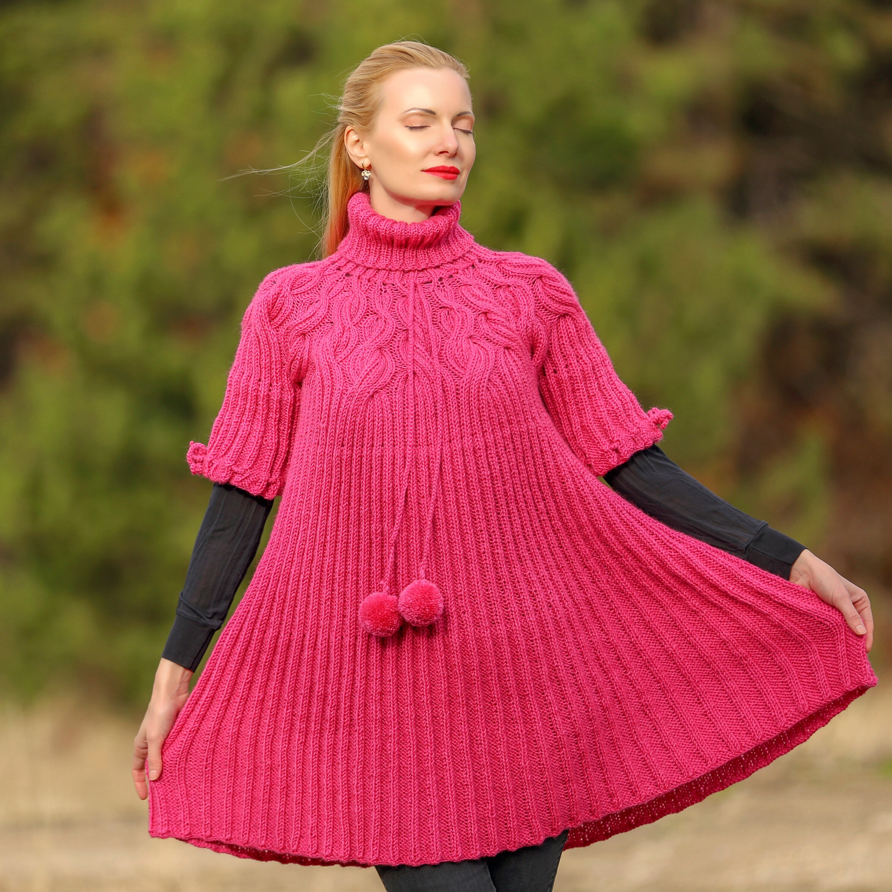 Pink wool poncho sweater tunic warm knitwear by SuperTanya READY TO SHIP, One size