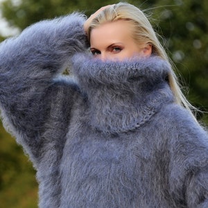 Thick Fuzzy Long Mohair Sweater Hand Knitted Pullover Turtleneck Jumper ...
