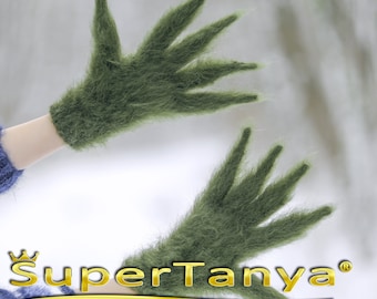 Fuzzy khaki green mohair gloves for Christmas costume by SuperTanya READY FOR SHIPMENT