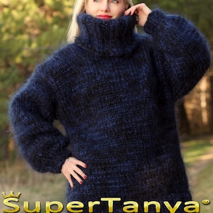 10 Strands Mega thick and fuzzy hand knit mohair sweater, unisex handgestrickte pullover in black blue by SuperTanya
