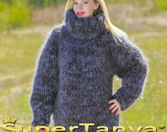 Mega thick mohair sweater black grey hand knit pullover turtleneck jumper by SuperTanya