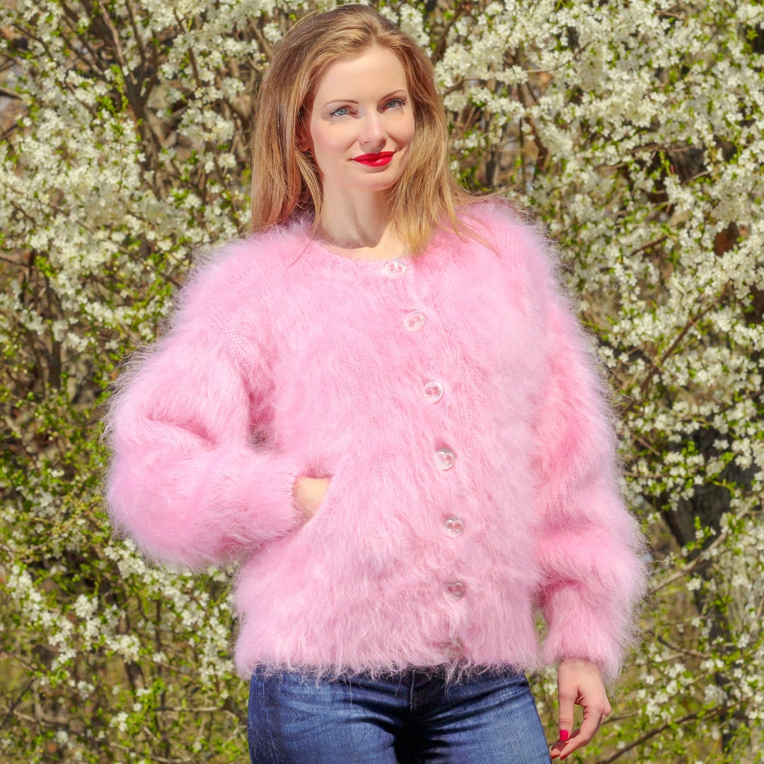 Crewneck Mohair Cardigan Hand Knitted Fuzzy Sweater Fluffy - Etsy