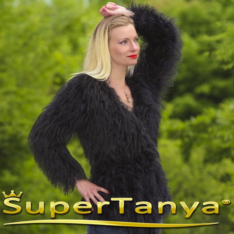 Fuzzy eyelash yarn wrap cardigan in black by SuperTanya