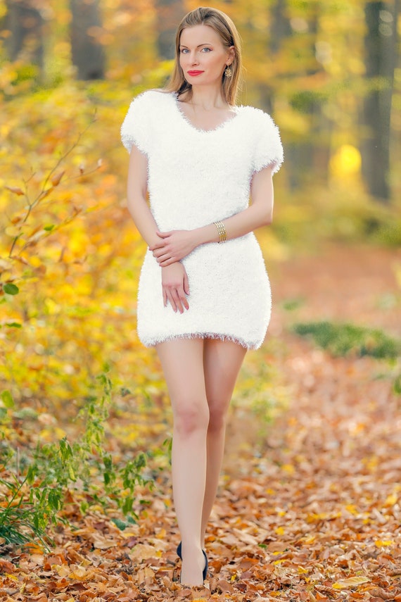 Short Fuzzy Dress Fluffy White Tunic V Neck Hand Knitted Dress Ready to  Ship Size S-M by Supertanya -  Canada