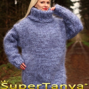 10 Strands Mega thick and fuzzy hand knit mohair sweater, unisex handgestrickte pullover in blue melange by SuperTanya