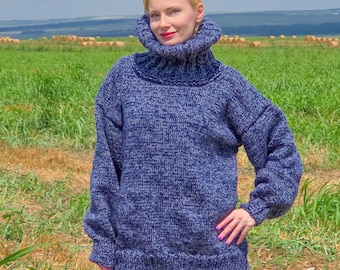 Hand knitted blue gray wool sweater – soft turtleneck jumper - SuperTanya handmade knitwear ready to ship size XL-XXL