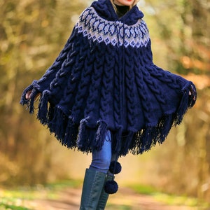 Blue ski wool poncho sweater cable knit Nordic sweater SuperTanya READY TO SHIP image 8