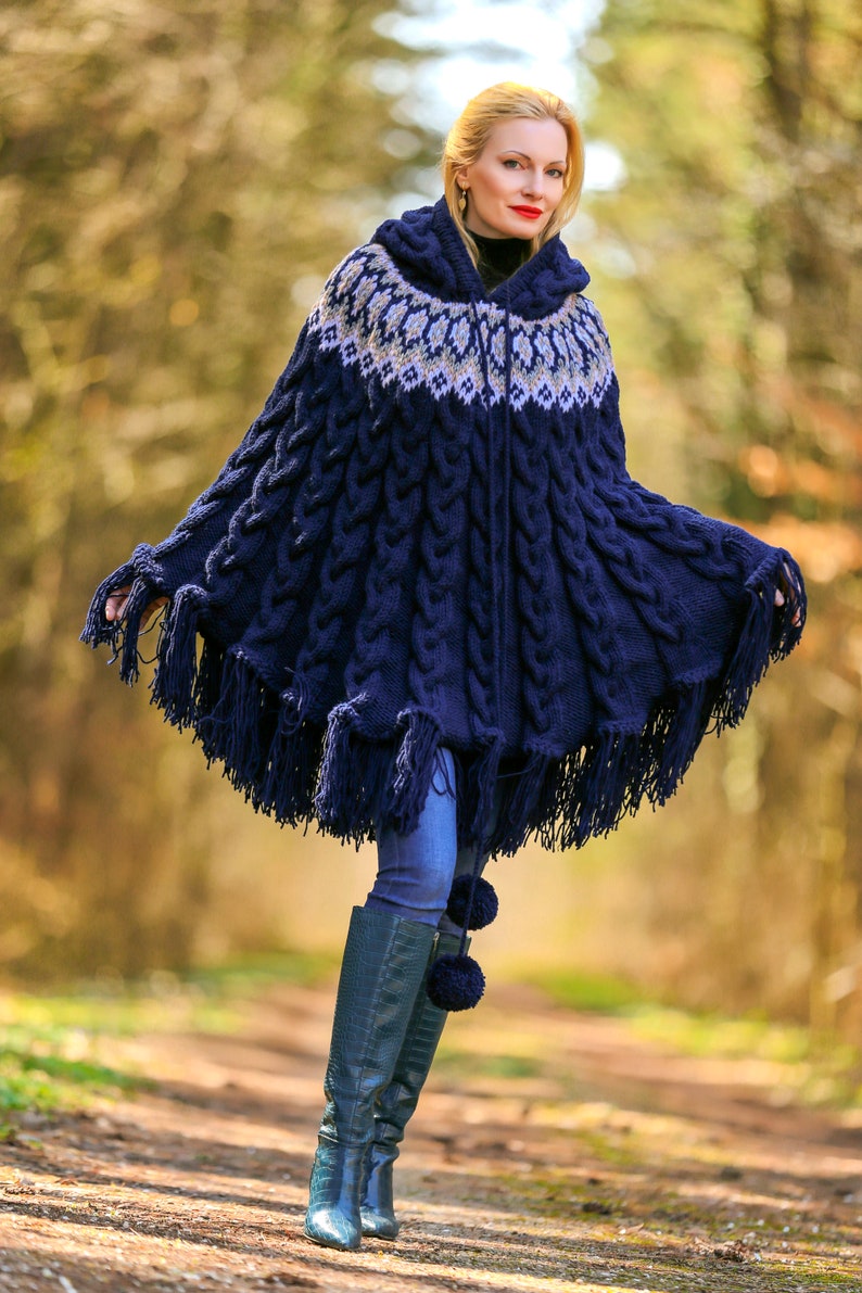 Blue ski wool poncho sweater cable knit Nordic sweater SuperTanya READY TO SHIP image 8