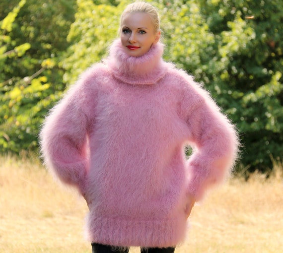 Thick Fuzzy Mohair Sweater Hand Knitted Pullover Turtleneck Jumper