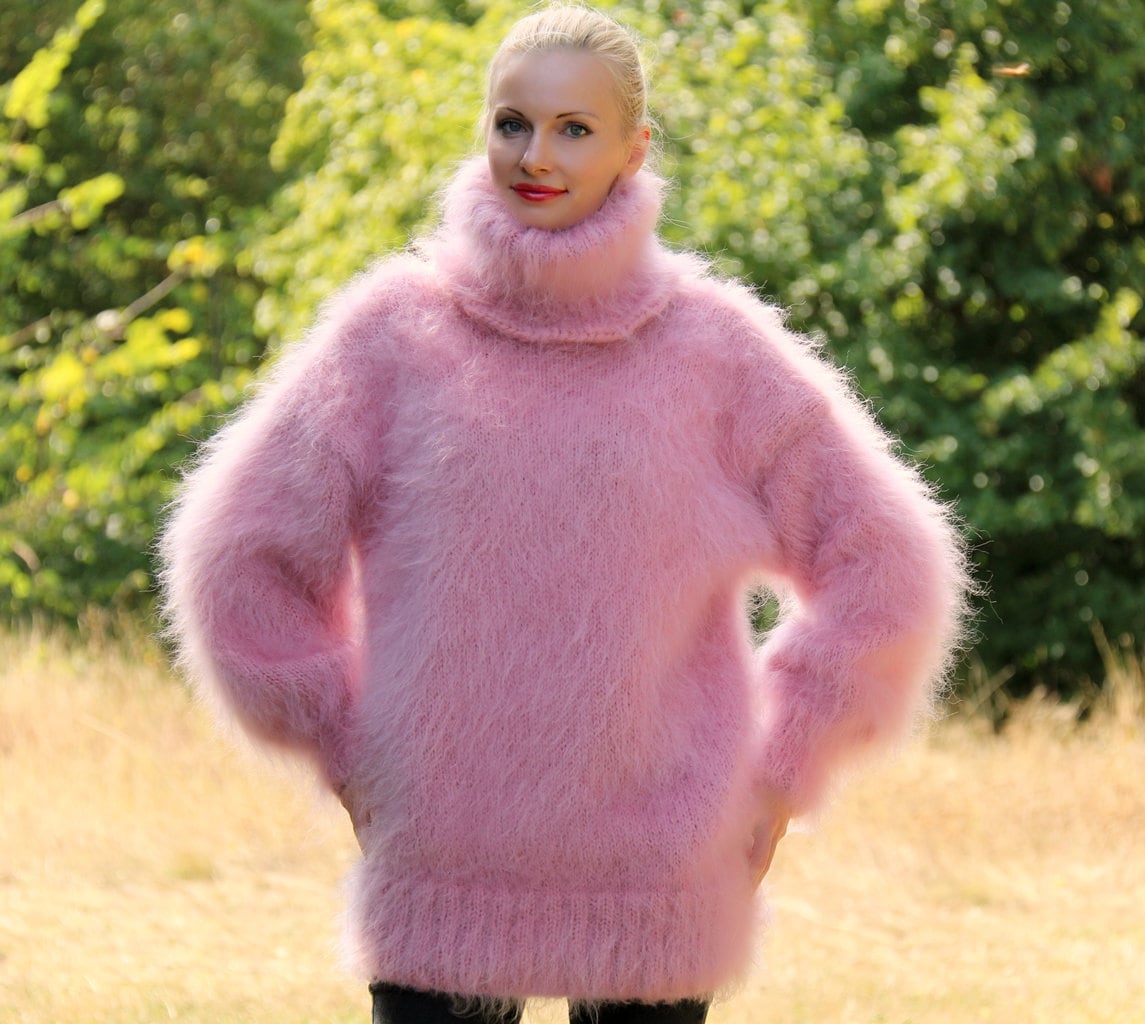 Thick Fuzzy Mohair Sweater Hand Knitted Pullover Turtleneck Jumper