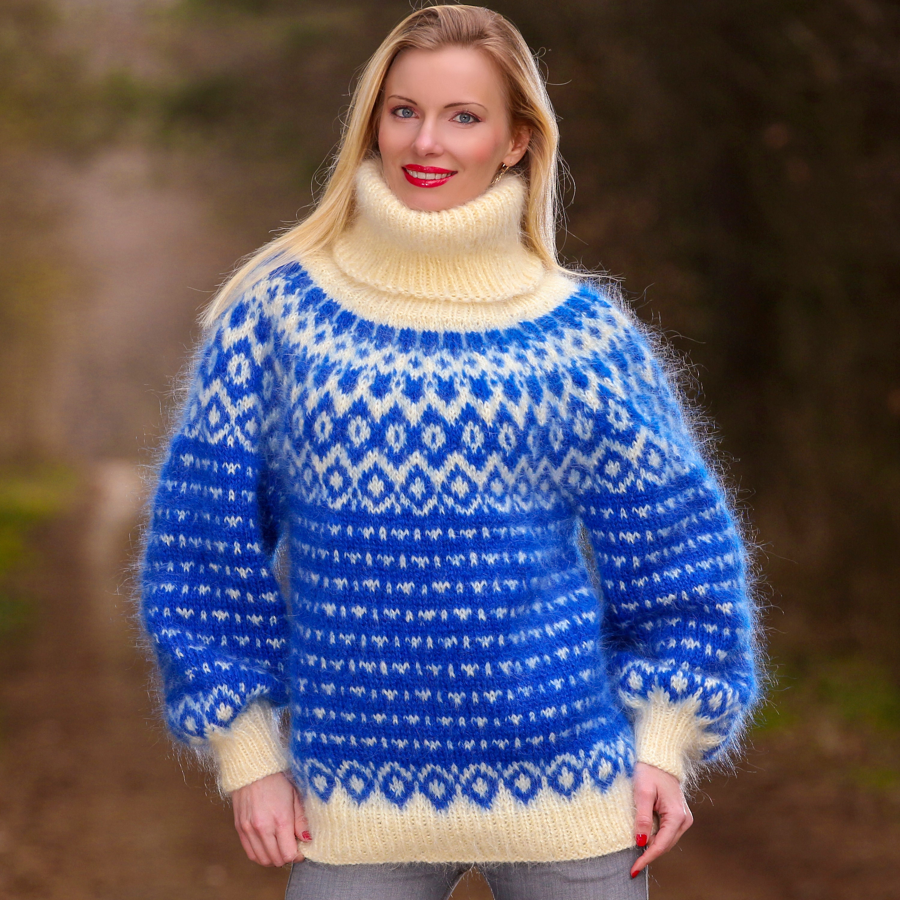 Pull Islandais Violet Mohair SuperTanya – Tricoté Main à La Main – épais Et Chaud – Taille L Unisexe