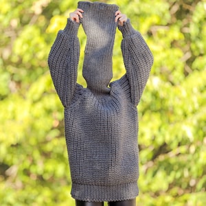 SuperTanya gray ribbed wool sweater with extra long turtleneck ready to ship L-XL size image 8