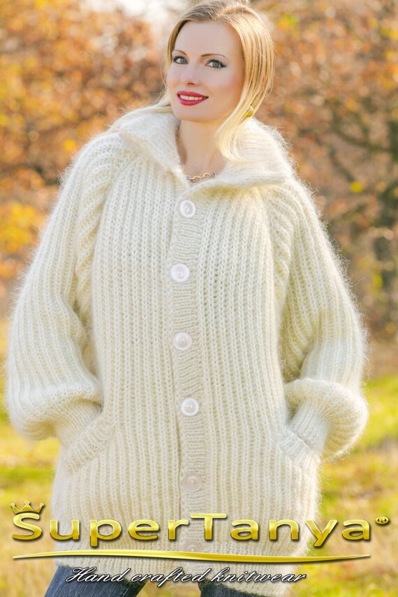 Luxurious Mohair Cardigan, Ribbed Ivory Mohair Sweater Jacket With
