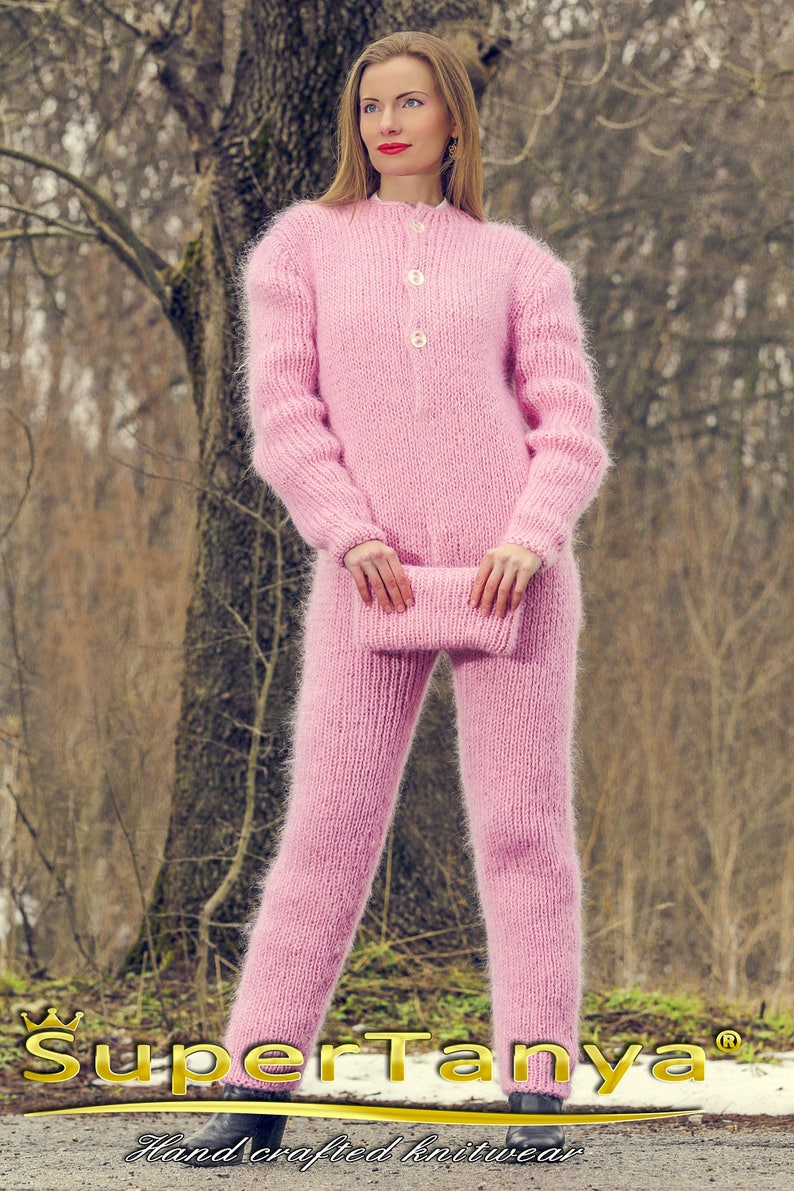S M size Pink hand knitted mohair catsuit fuzzy ski bodysuit handgestrickte overall on sale
