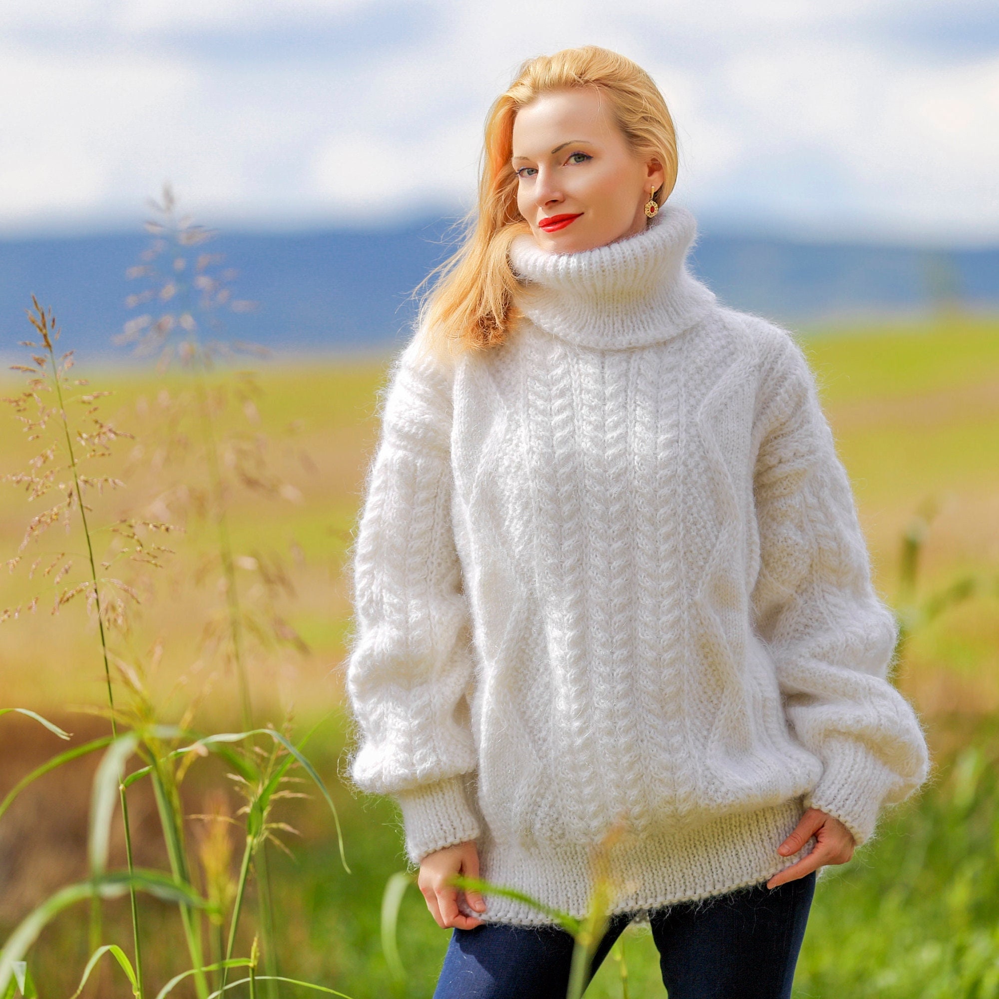 Fuzzy Mohair Sweater Unique Cable Knit 