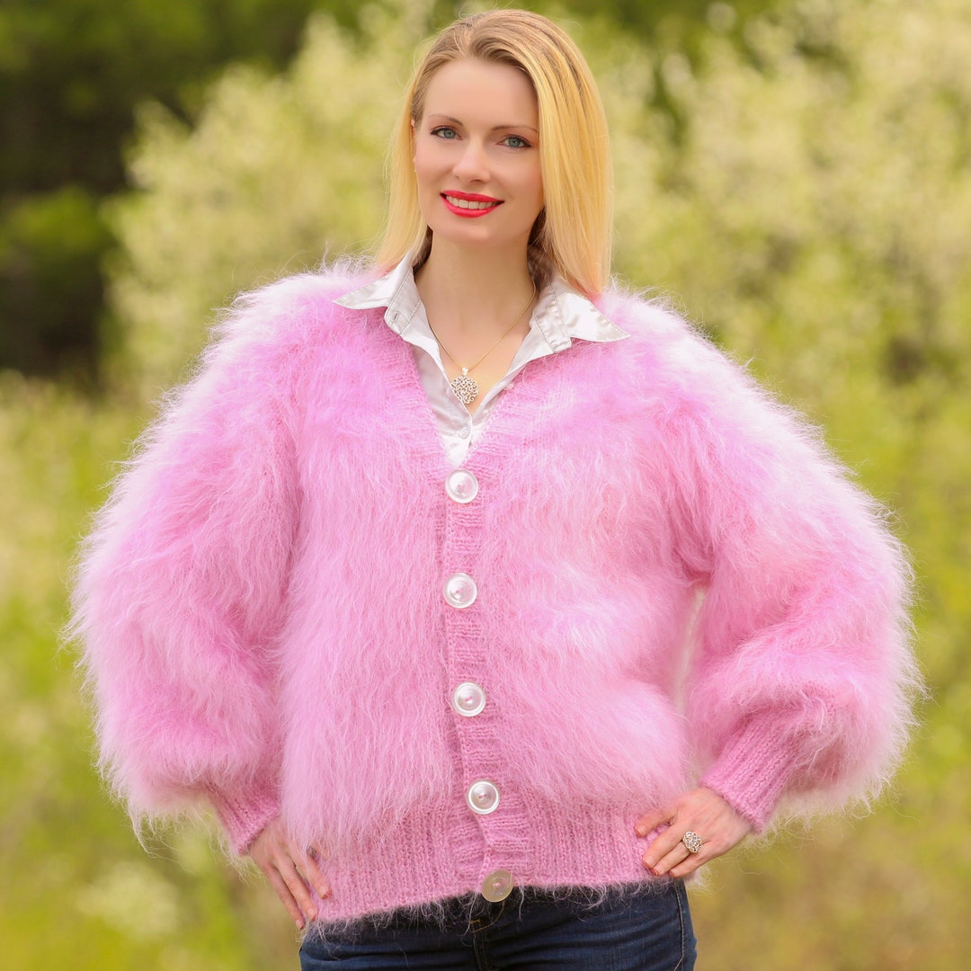 V Neck Mohair Cardigan Hand Knit Sweater Jacket by Supertanya