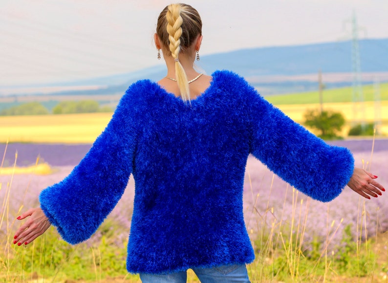 Made to order fuzzy hand knitted eyelash yarn sweater in royal Etsy