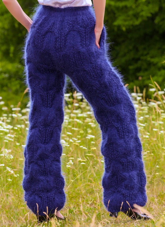 Cable Knit Mohair Pants Thick Trousers With Pockets Hand Knitted