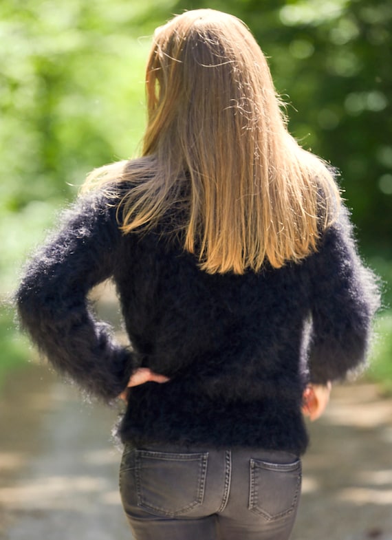 Black Sweater - Elegant Light Fuzzy Mohair Pullover Ready to Ship
