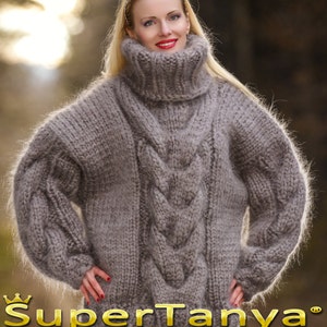 10 strands mega thick and fuzzy hand knit mohair sweater with big cable, unisex handgestrickte pullover in gray by SuperTanya