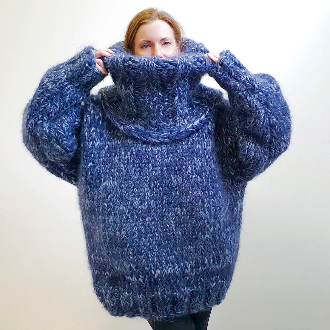 Mega Thick Mohair Sweater Blue Grey Hand Knit Pullover Turtleneck