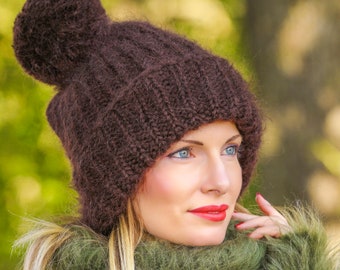 SuperTanya thick ski mohair hat hand knitted pom pom beanie