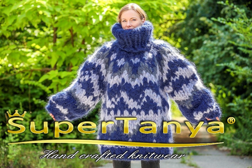 Blue Icelandic mega thick sweater hand knit with 30 strands mohair by SuperTanya