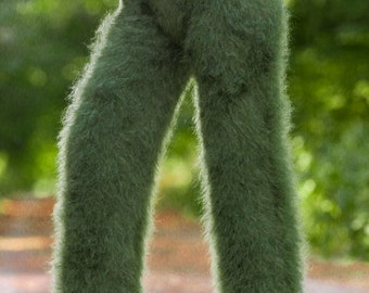 Green mohair pants hand knitted fuzzy trousers handmade by SuperTanya *** READY TO SHIP ***