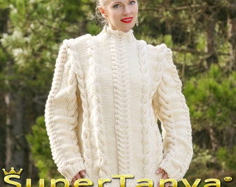 Stylish cable knit sweater elegant wool hand knit pullover white ivory jumper SuperTanya