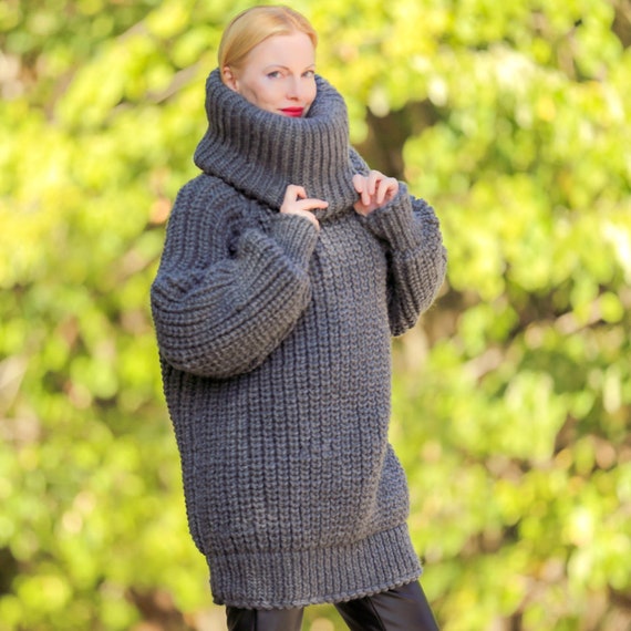 Supertanya Gray Ribbed Wool Sweater With Extra Long Turtleneck Ready to Ship L XL Size Etsy