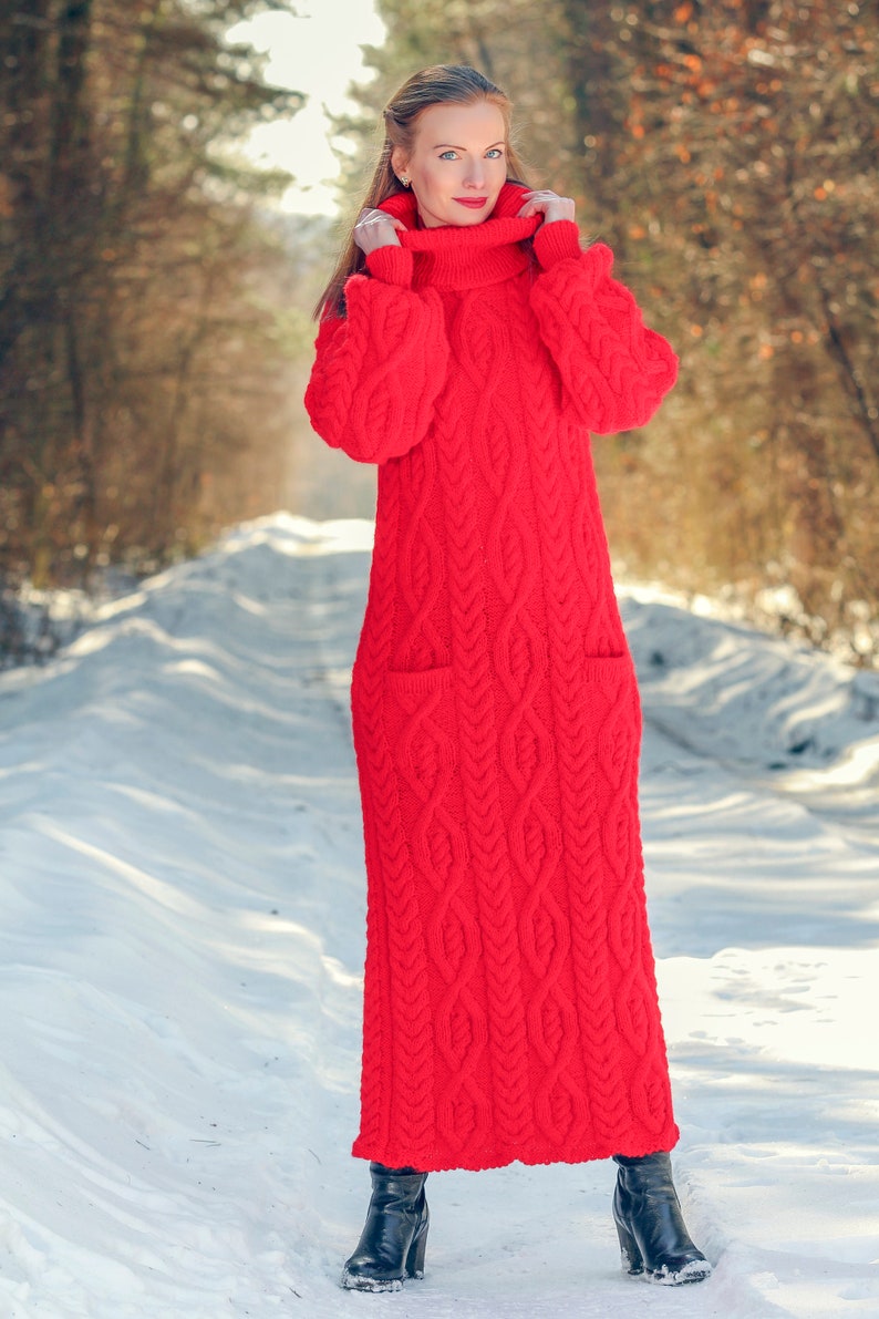 SUPERTANYA red wool dress long cable knit designer dress SuperTanya size M / L ready to ship image 7