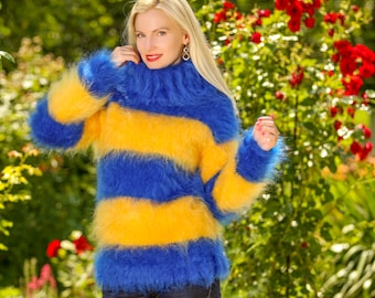 SuperTanya blue yellow thick mohair pullover with stripes READY TO SHIP size S and M