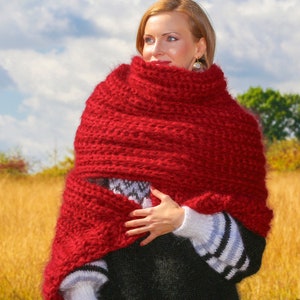 Red extra long fuzzy mohair scarf handmade fuzzy shawl READY TO SHIP