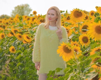 Handmade crochet yellow sweater made from fluffy merino yarn, SuperTanya designer knitwear, ready to ship, one size